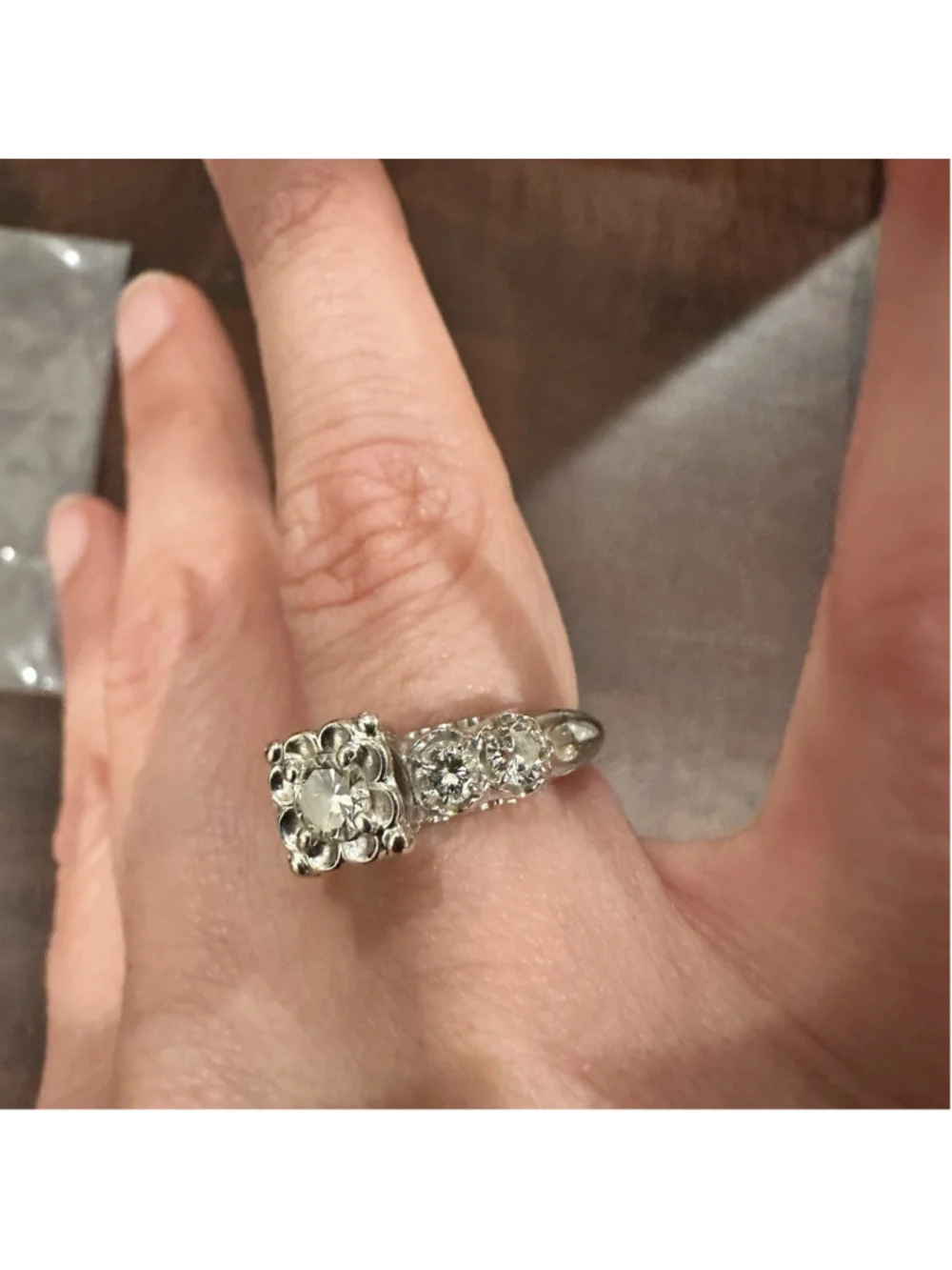 Art Deco 14K White Gold Natural 5 Diamond Cluster Ring Art Deco Flower Size 5-6